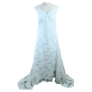 White lace Wedding Dress sz 14 Cap Sleeves, Open Back, V Neckline, preowned